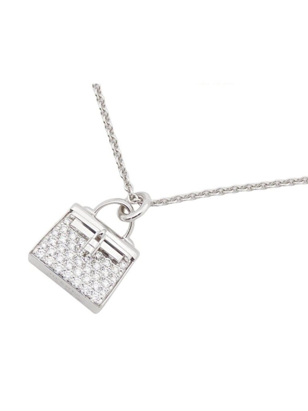 Hermes Amulette Kelly Pendant White Gold 18K Diamond Pave Necklace